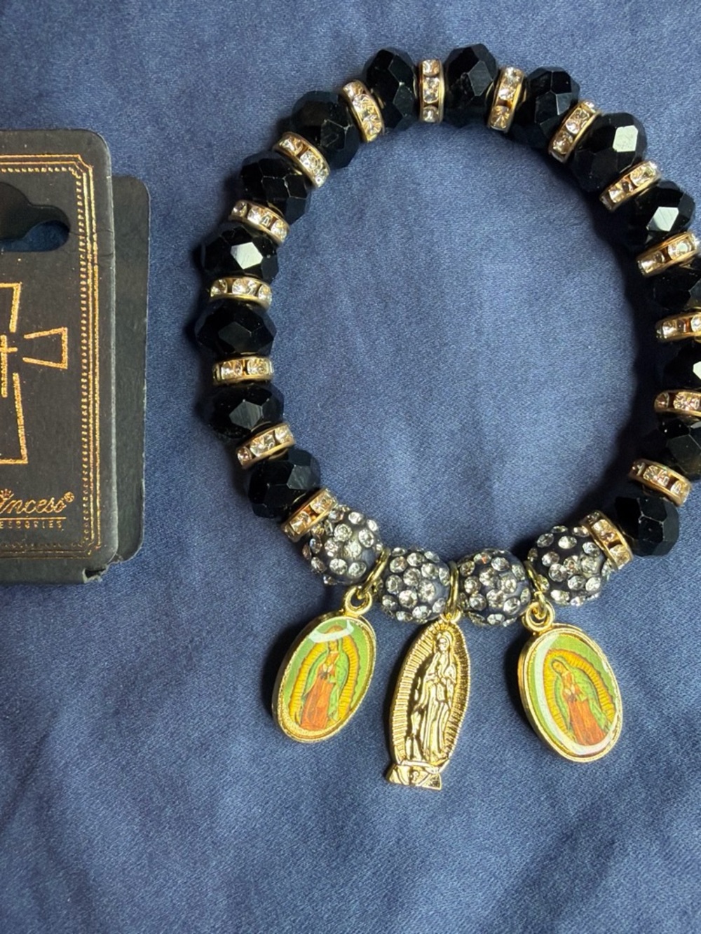 Gold and Black Rosary Charm Stretch Bracelet with Virgen Pendants